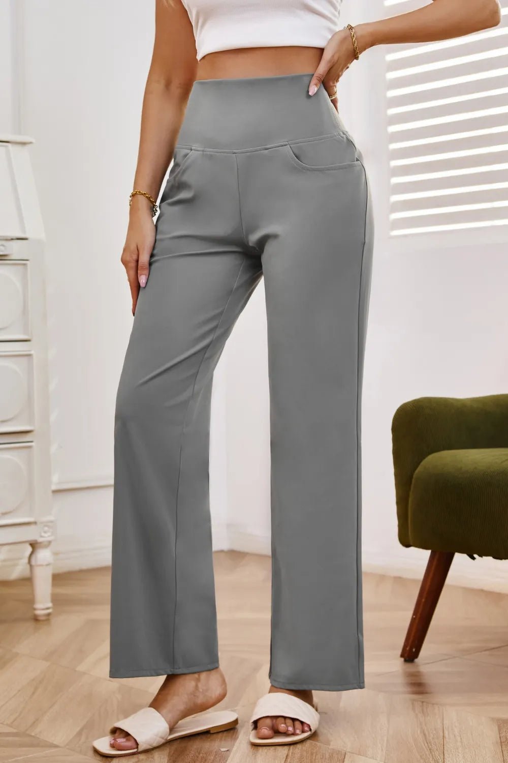 High Waist Wide Leg Pants with Pockets - Rochelle's House LLC