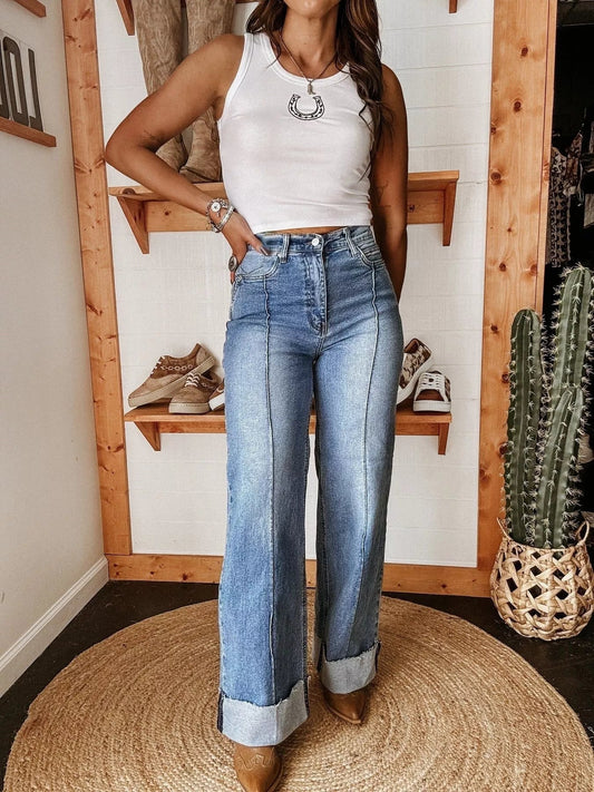 Front view of High-Waisted Wide Leg Cuffed Jeans in Blue showing neckline and sleeve details