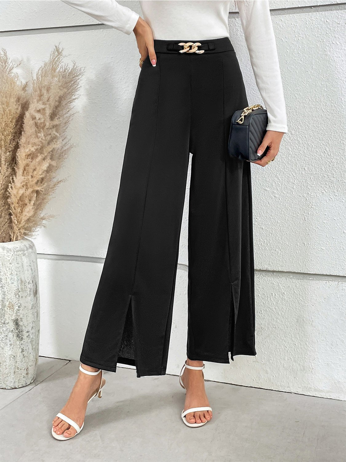 Honey Chain Detail Slit Straight Pants - Rochelle's House LLC