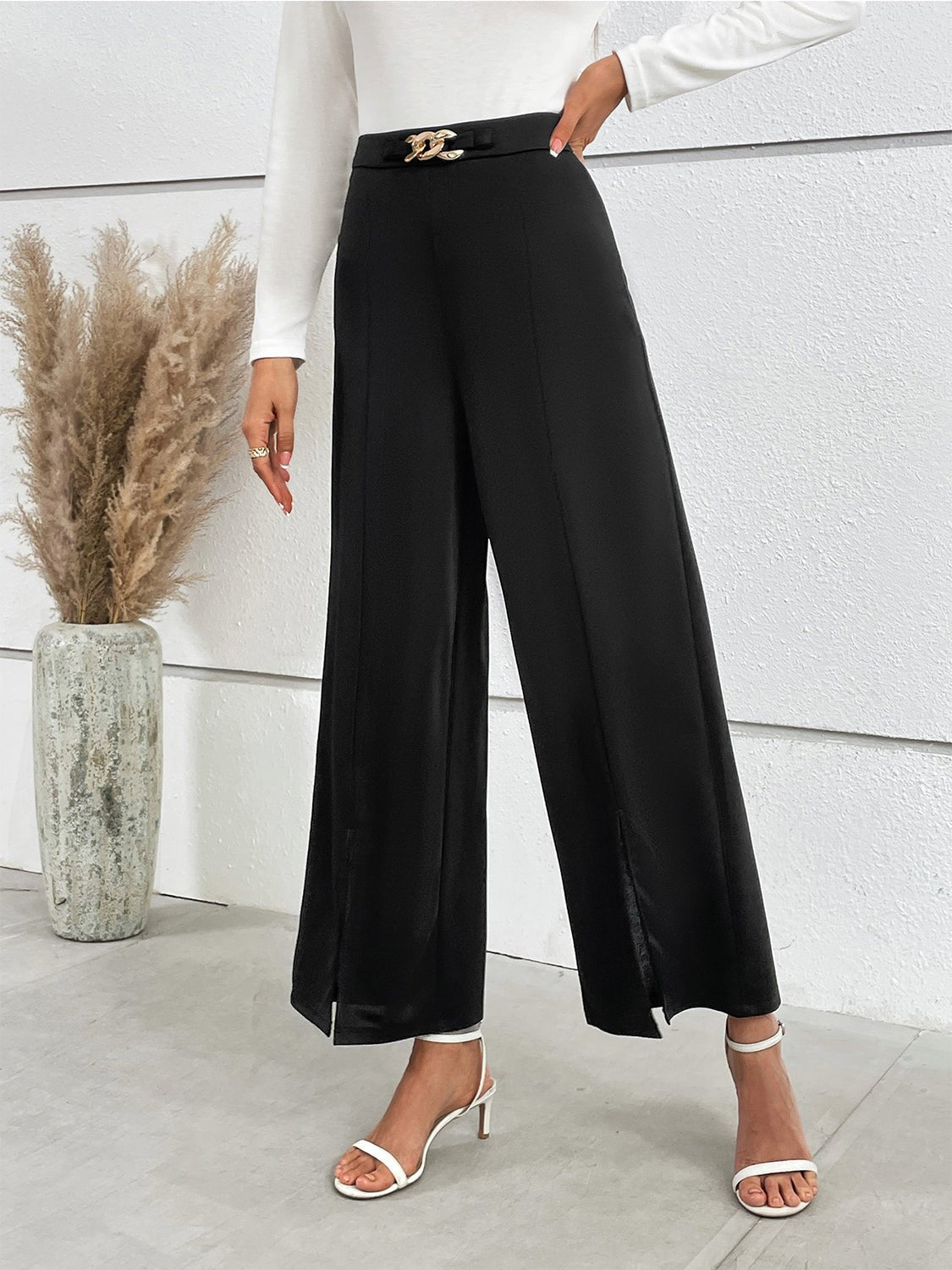Honey Chain Detail Slit Straight Pants - Rochelle's House LLC