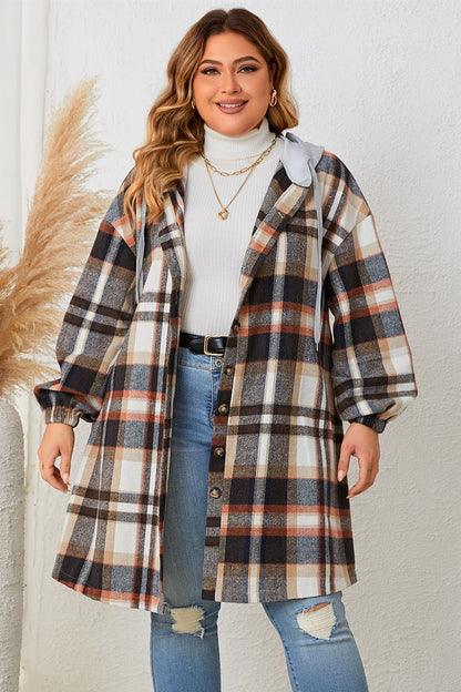 Honey Plus Size Plaid Drop Shoulder Hooded Coat - Rochelle's House LLC