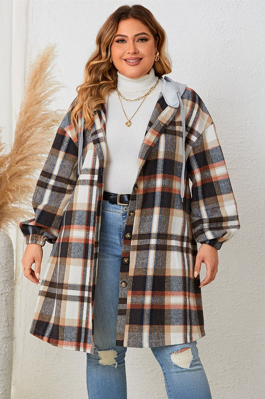 Honey Plus Size Plaid Drop Shoulder Hooded Coat - Rochelle's House LLC