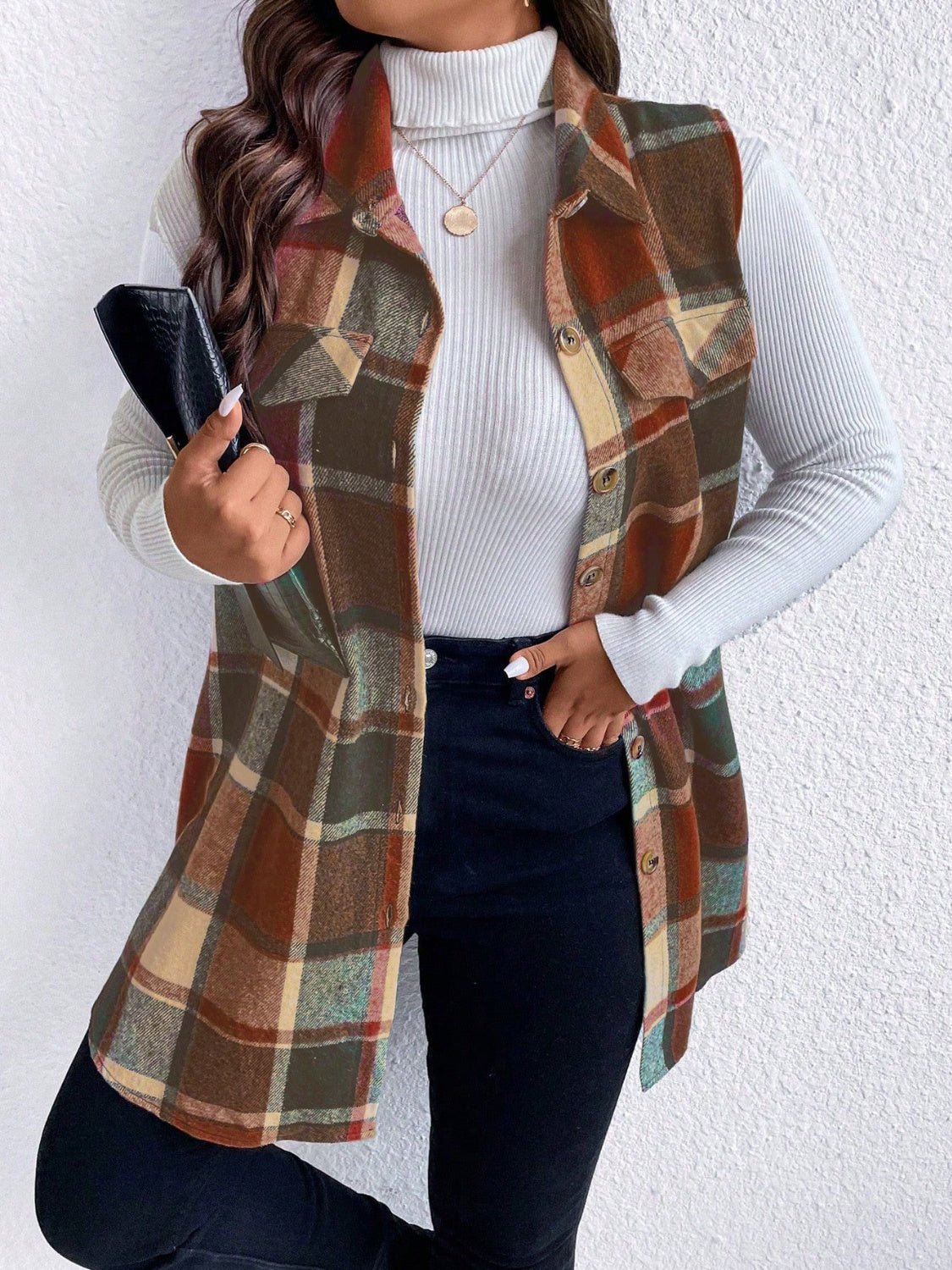 Honey Plus Size Pocketed Plaid Button Up Vest Coat - Rochelle's House LLC