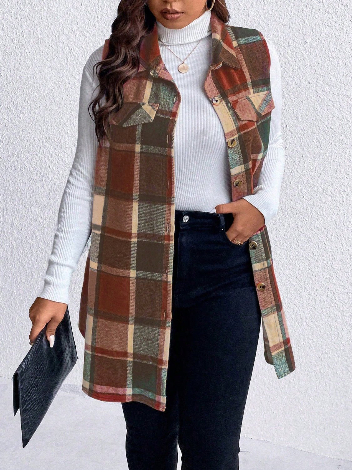 Honey Plus Size Pocketed Plaid Button Up Vest Coat - Rochelle's House LLC