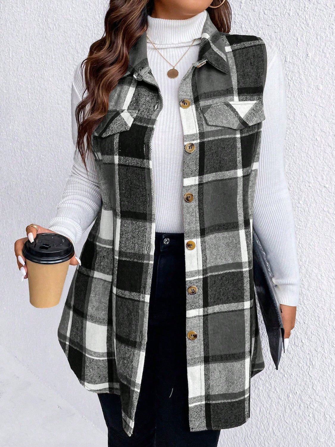 Honey Plus Size Pocketed Plaid Button Up Vest Coat - Rochelle's House LLC