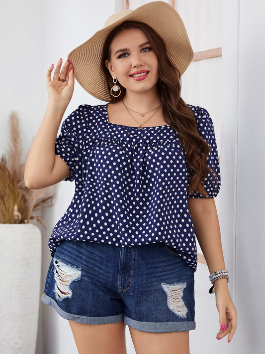 Front view of Honey Plus Size Polka Dot Square Neck Blouse in Dark Blue showing neckline and sleeve details (100% Polyester)