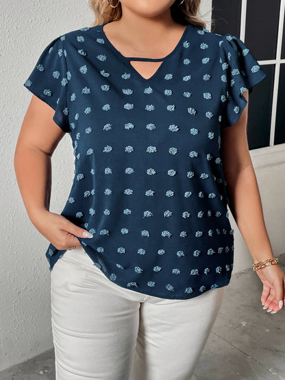 Front view of Honey Plus Size Swiss Dot V-Neck Flutter Sleeve Tee in Dark Blue showing neckline and sleeve details