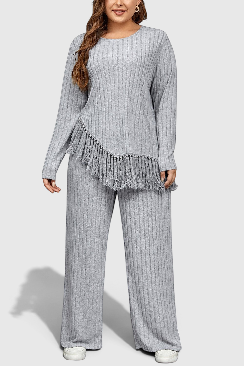 Front view of Honey Plus Size Tassel Hem Top and Pants Set in Cloudy Blue showing neckline and sleeve details