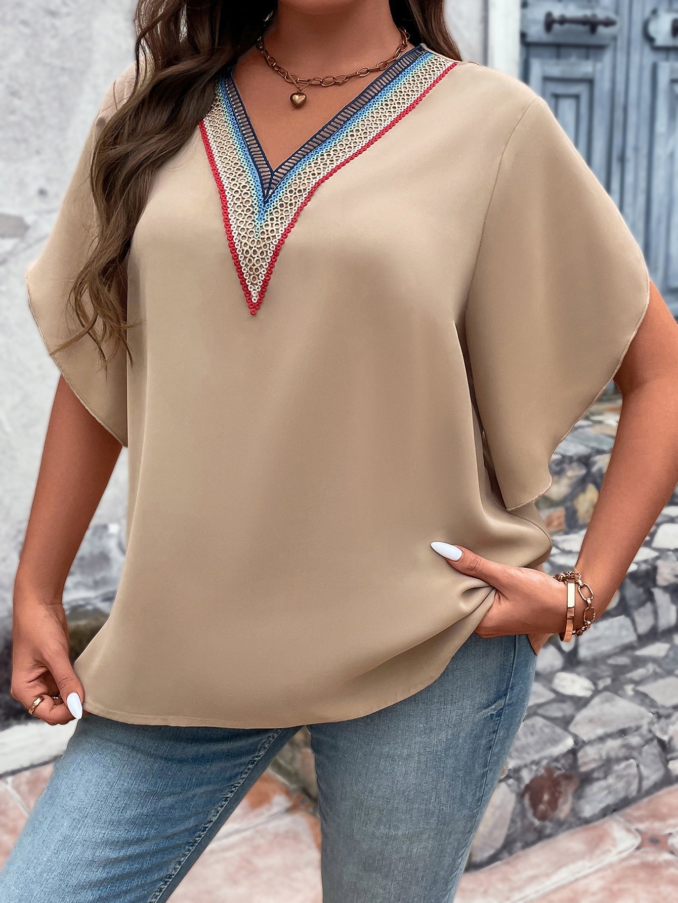 Honey Plus Size V - Neck Flutter Sleeve Blouse - Rochelle's House LLC