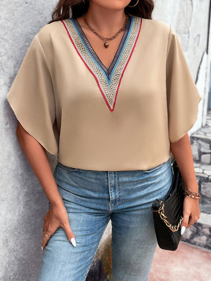 Honey Plus Size V - Neck Flutter Sleeve Blouse - Rochelle's House LLC