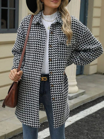 Front view of Houndstooth Button Up Long Sleeve Coat in Black showing neckline and sleeve details