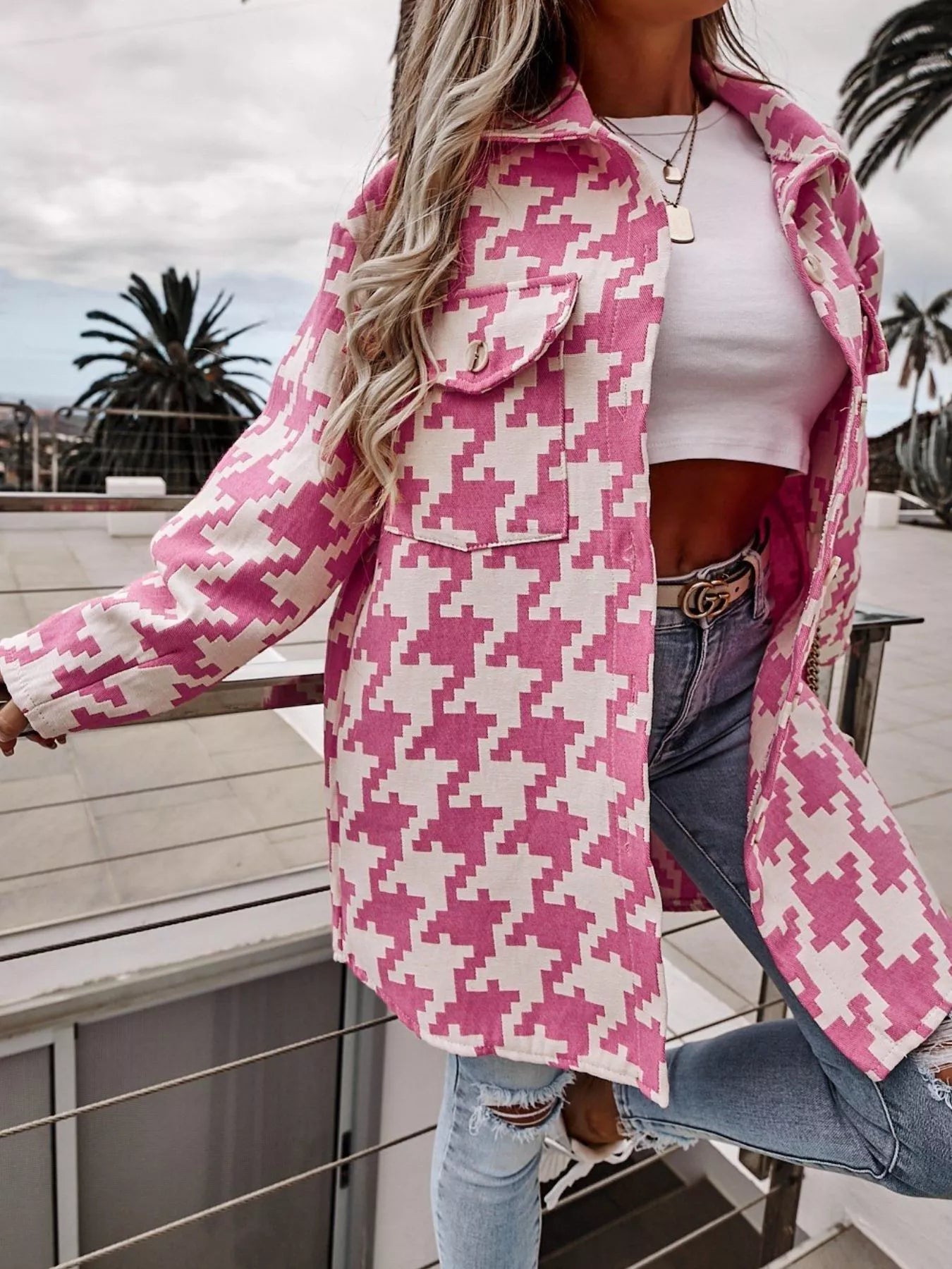 Front view of Houndstooth Button Up Long Sleeve Outerwear in Fuchsia Pink showing neckline and sleeve details