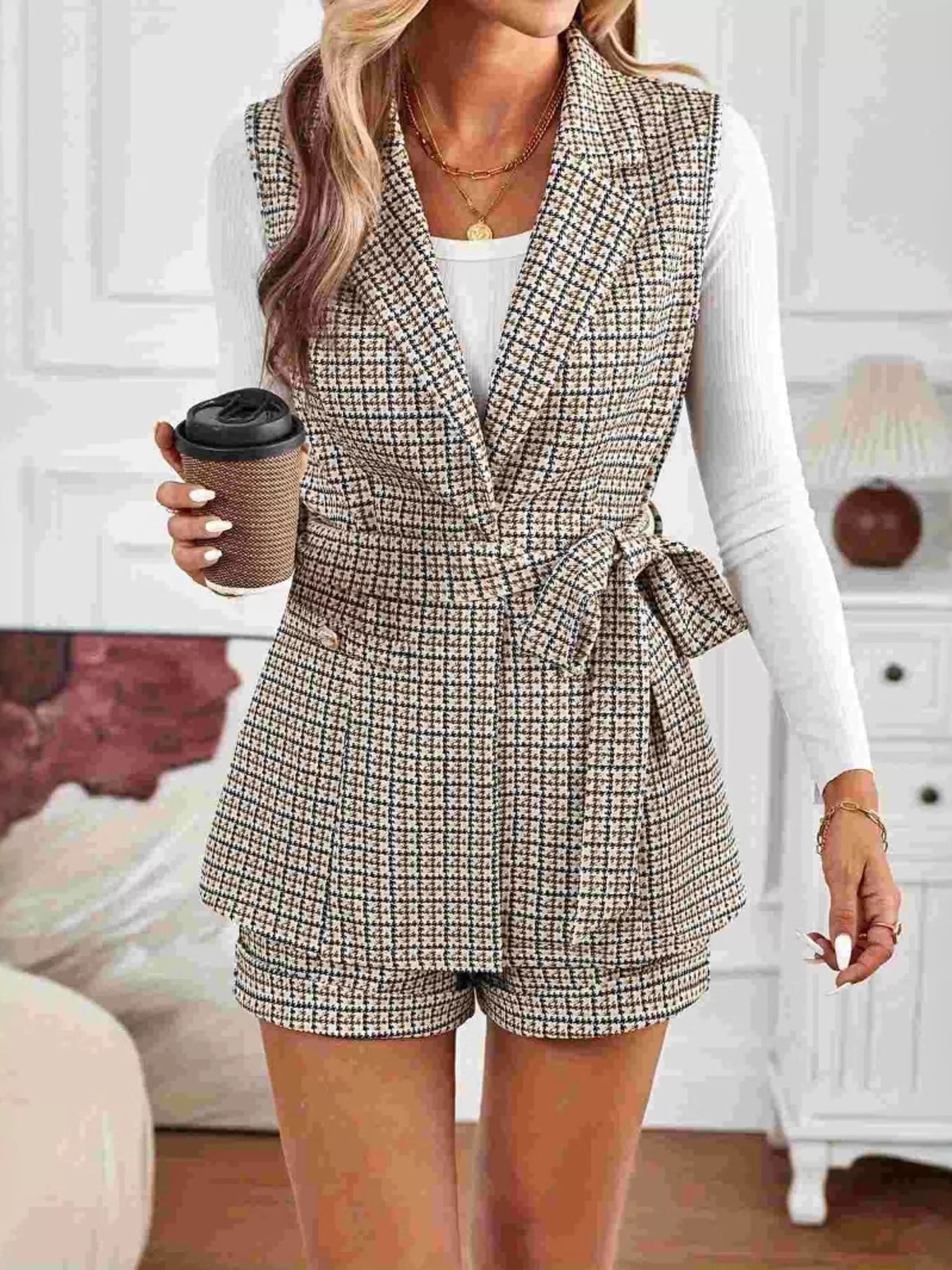 Houndstooth Lapel Collar Vest Coat and Shorts Set - Rochelle's House LLC