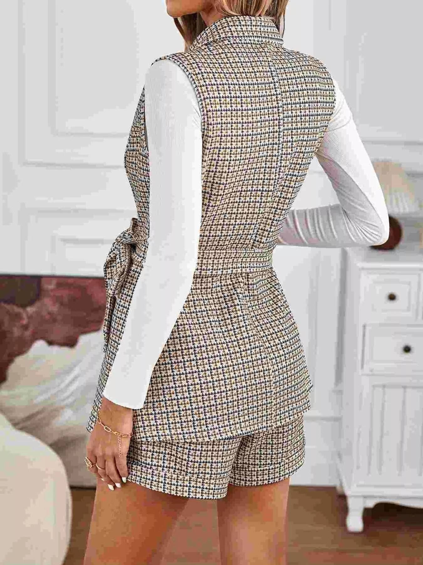 Houndstooth Lapel Collar Vest Coat and Shorts Set - Rochelle's House LLC