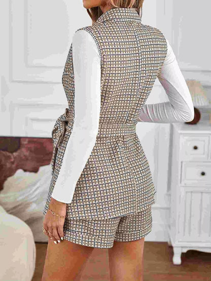 Houndstooth Lapel Collar Vest Coat and Shorts Set - Rochelle's House LLC
