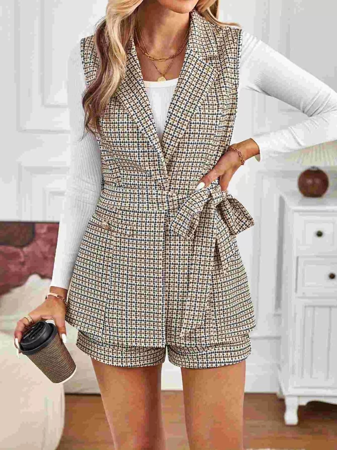 Houndstooth Lapel Collar Vest Coat and Shorts Set - Rochelle's House LLC
