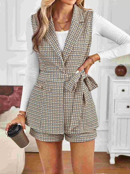 Houndstooth Lapel Collar Vest Coat and Shorts Set - Rochelle's House LLC