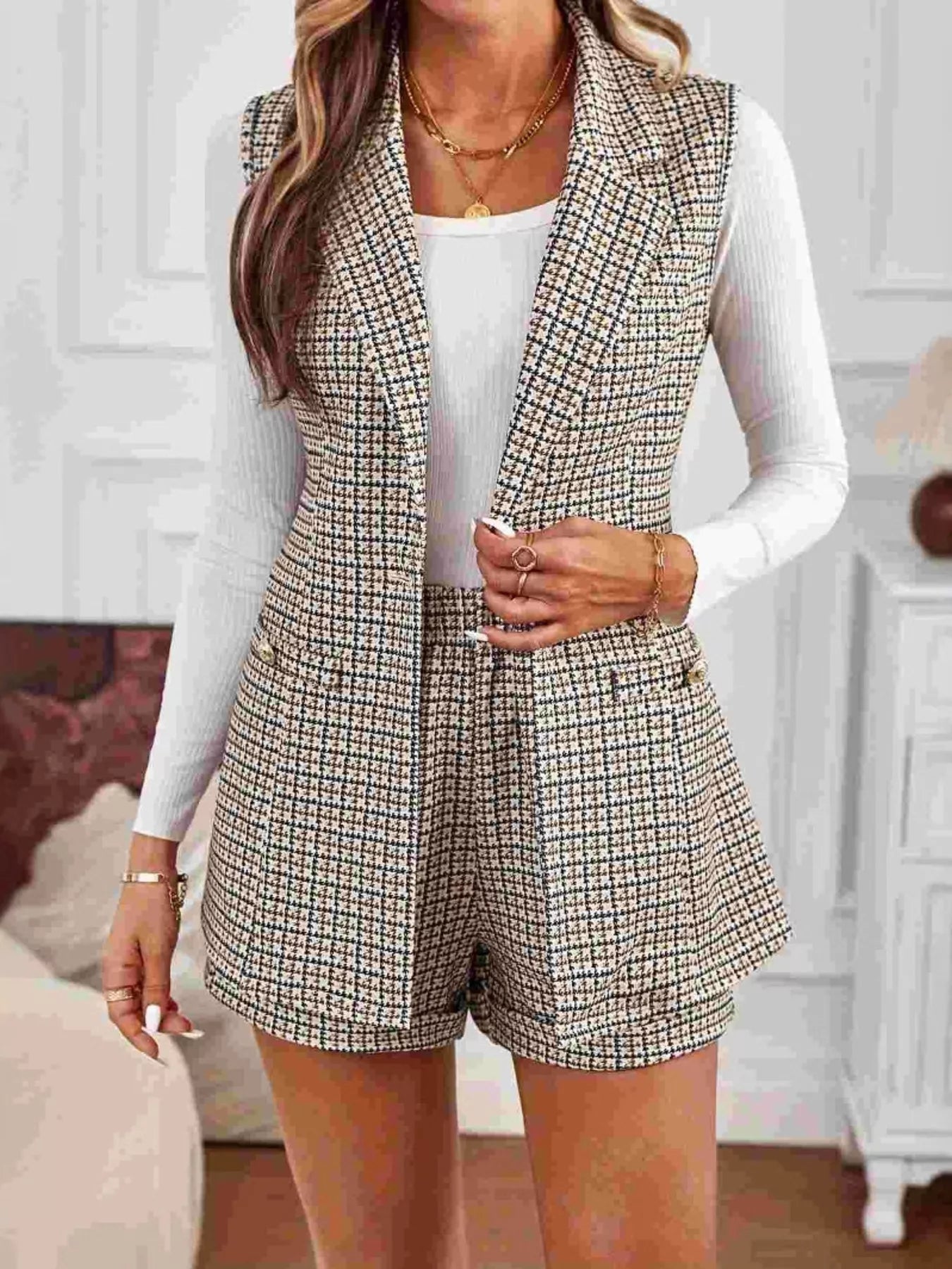 Houndstooth Lapel Collar Vest Coat and Shorts Set - Rochelle's House LLC