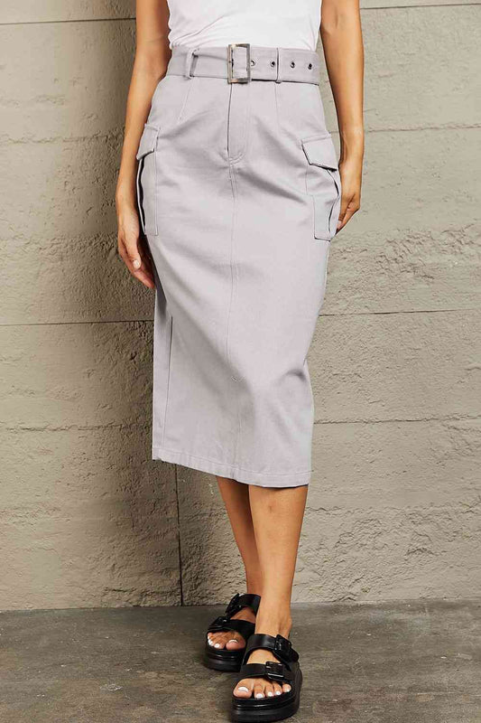 Front view of HYFVE Professional Poise Buckled Midi Skirt in Light Gray showing neckline and sleeve details (100% cotton)