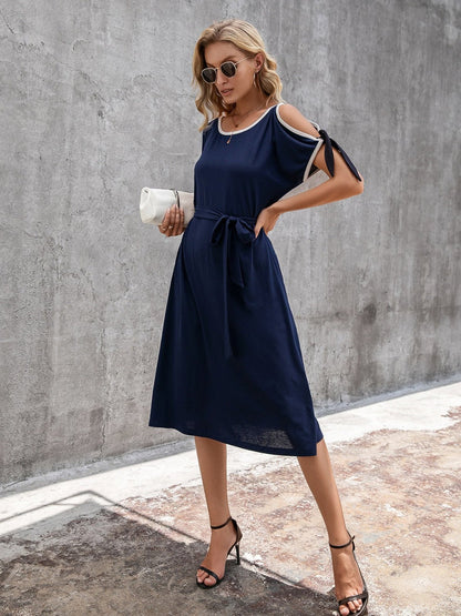 Front view of Ivy Lane Round Neck Cold Shoulder Dress in Dark Blue showing neckline and sleeve details (100% polyester)