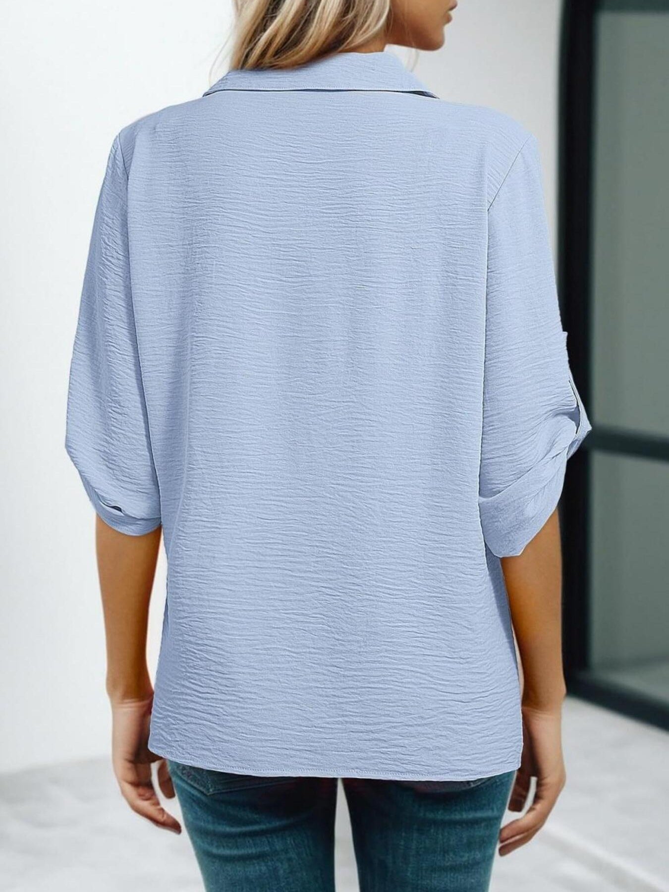 Johnny Collar Roll - Up Sleeve Blouse - Rochelle's House LLC