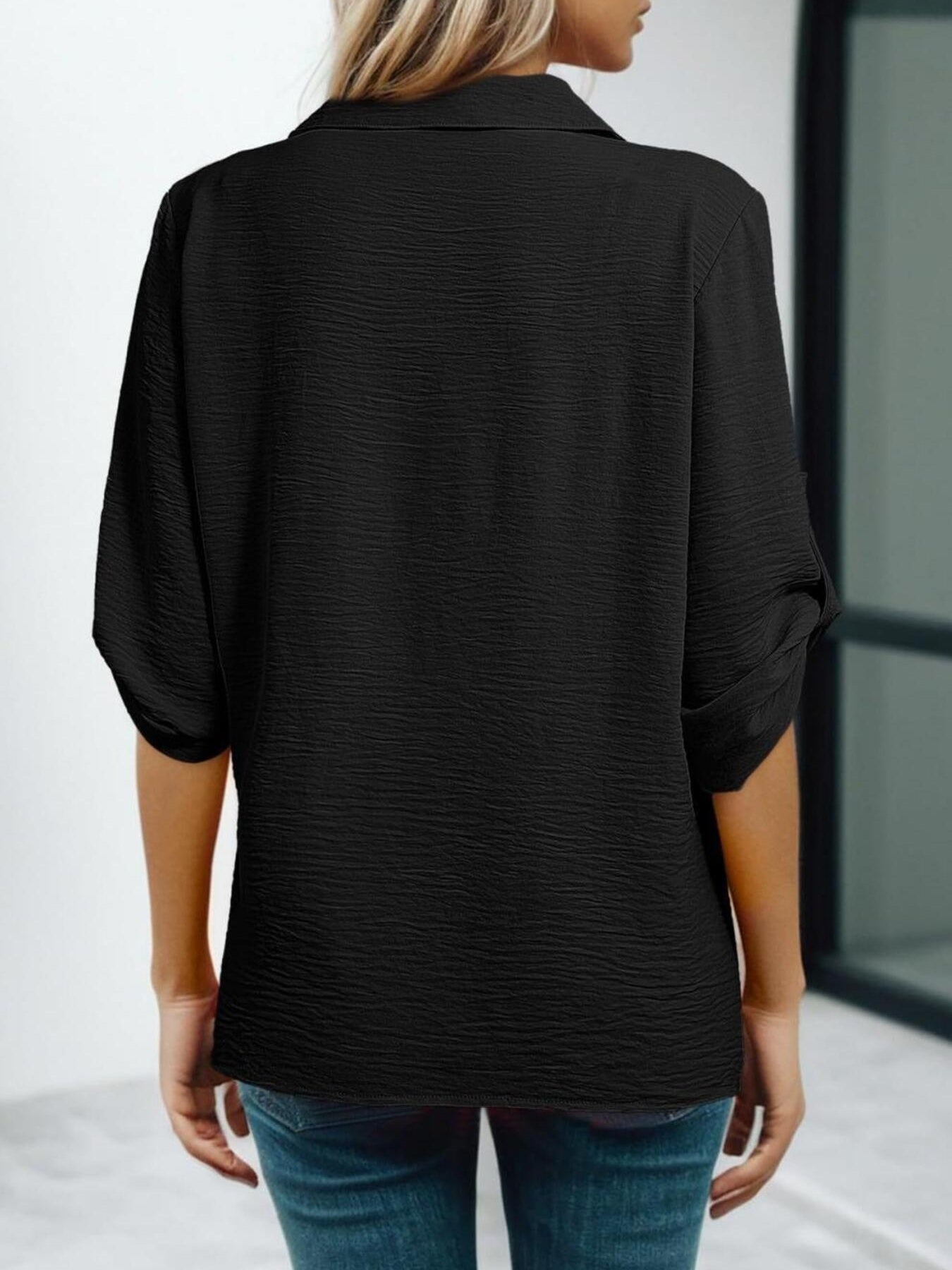 Johnny Collar Roll - Up Sleeve Blouse - Rochelle's House LLC