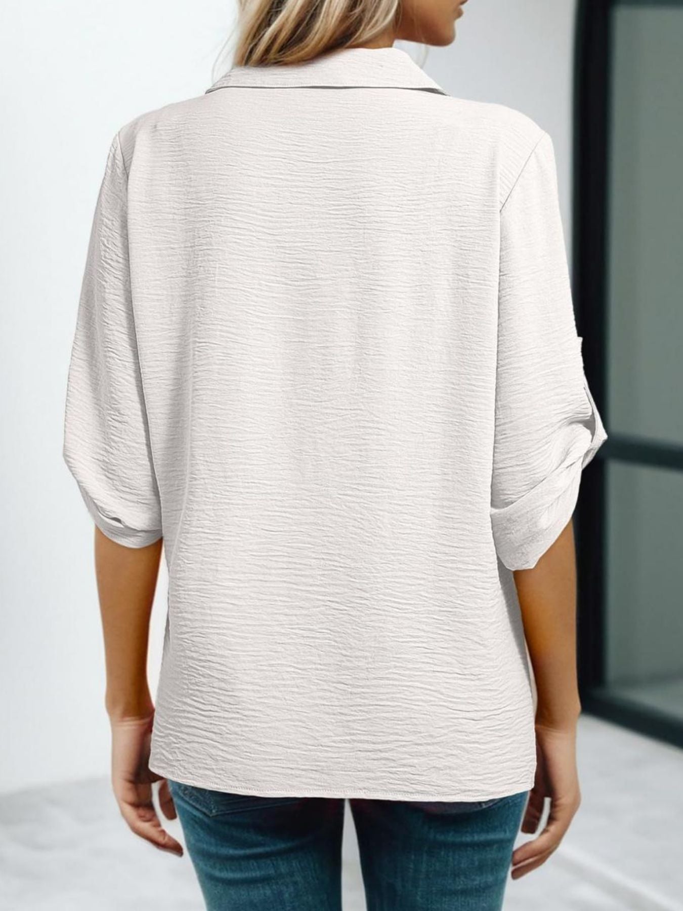 Johnny Collar Roll - Up Sleeve Blouse - Rochelle's House LLC