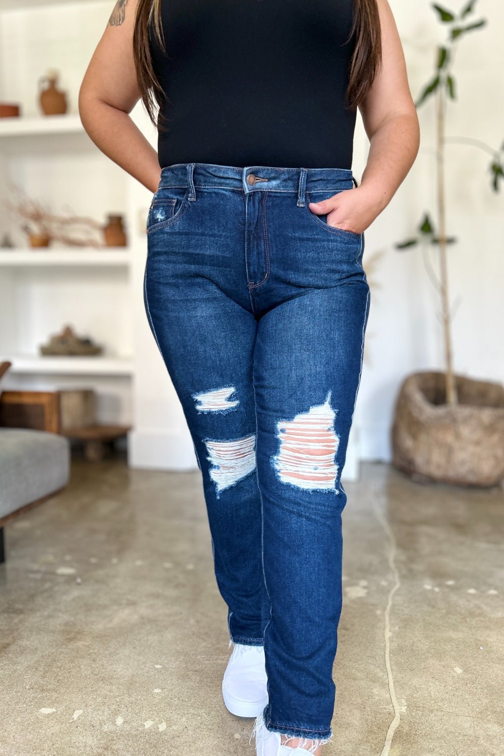 Judy Blue Full Size High Waist Rigid Magic Heavy Destroy Straight Jeans - Rochelle's House LLC