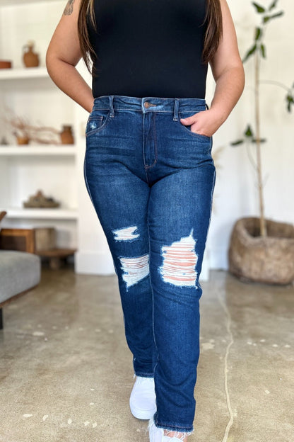 Judy Blue Full Size High Waist Rigid Magic Heavy Destroy Straight Jeans - Rochelle's House LLC