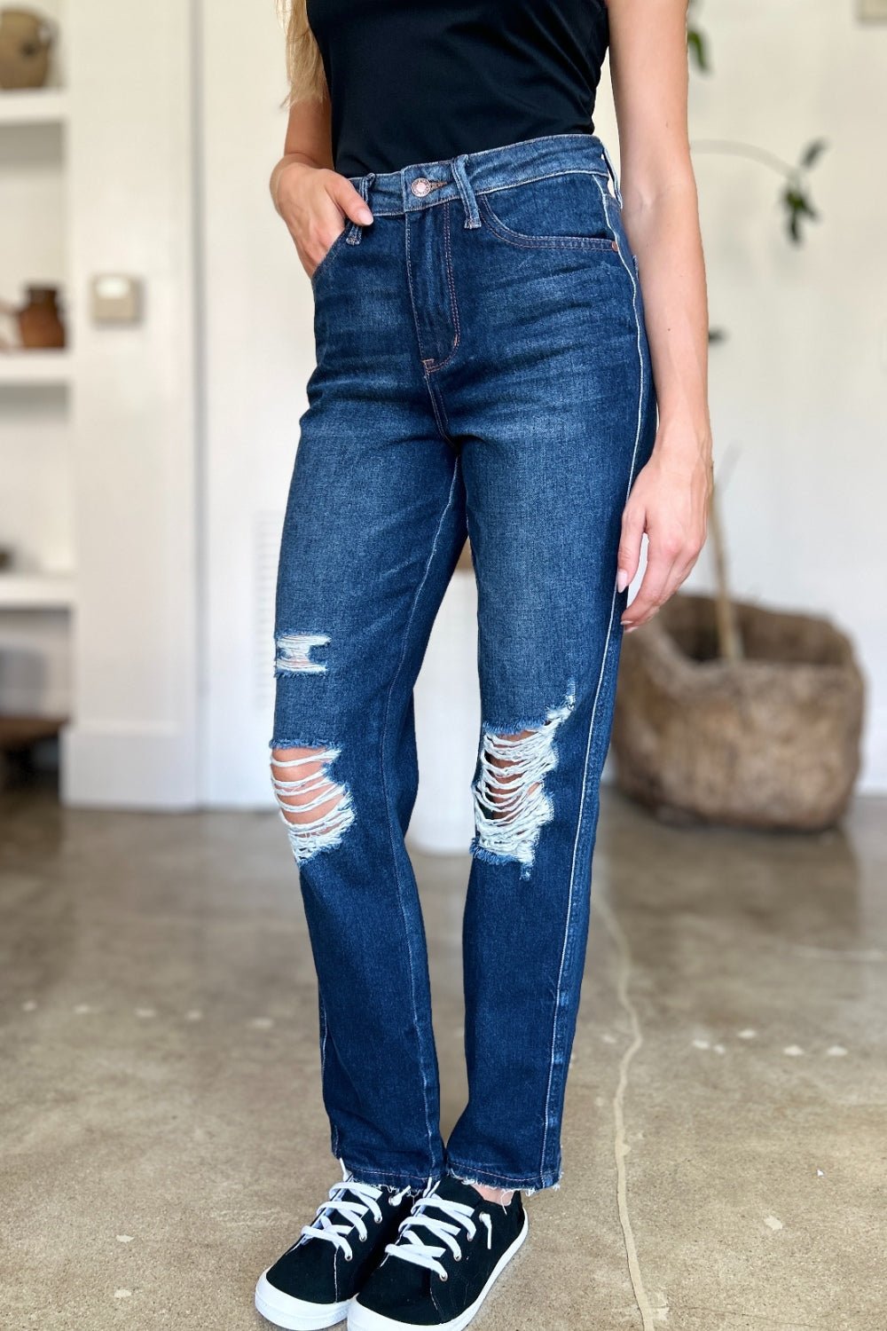 Judy Blue Full Size High Waist Rigid Magic Heavy Destroy Straight Jeans - Rochelle's House LLC