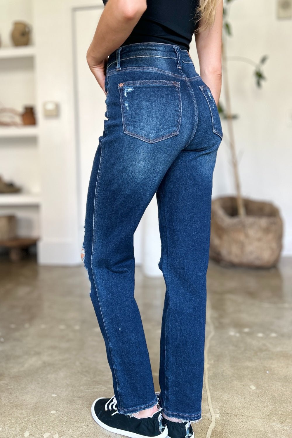 Judy Blue Full Size High Waist Rigid Magic Heavy Destroy Straight Jeans - Rochelle's House LLC