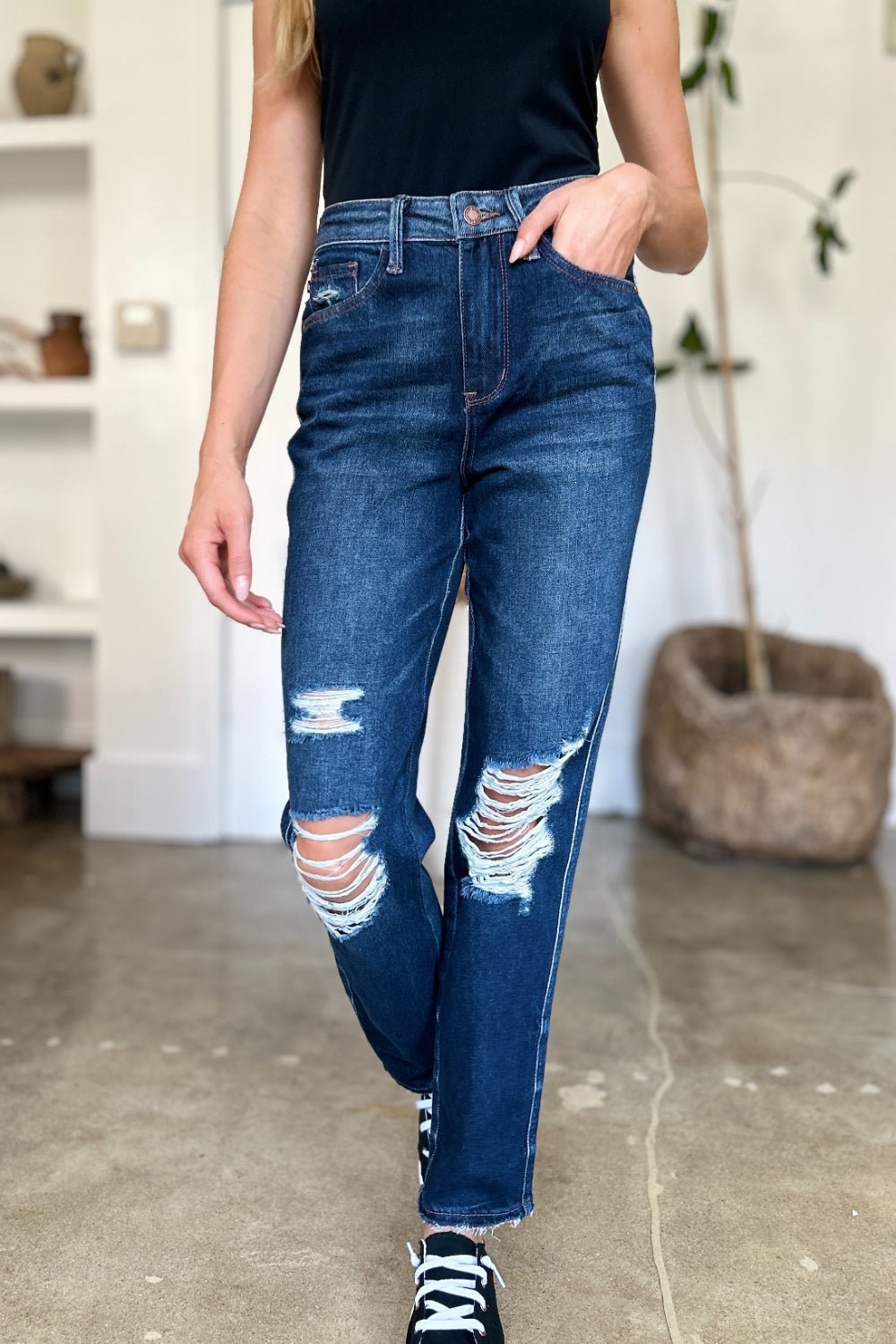 Judy Blue Full Size High Waist Rigid Magic Heavy Destroy Straight Jeans - Rochelle's House LLC