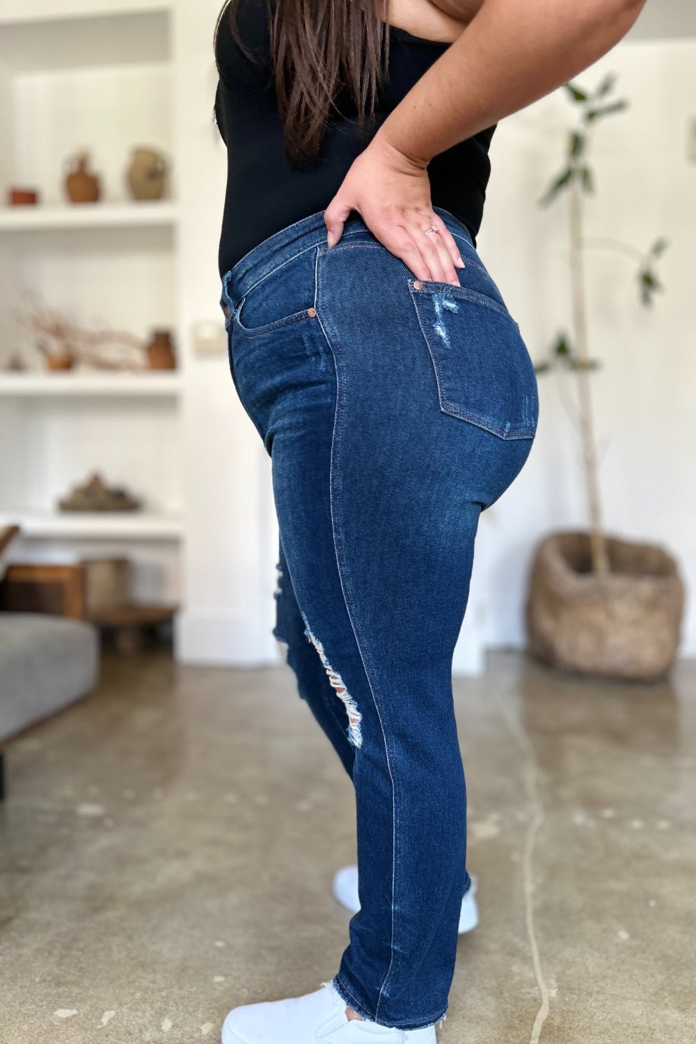 Judy Blue Full Size High Waist Rigid Magic Heavy Destroy Straight Jeans - Rochelle's House LLC