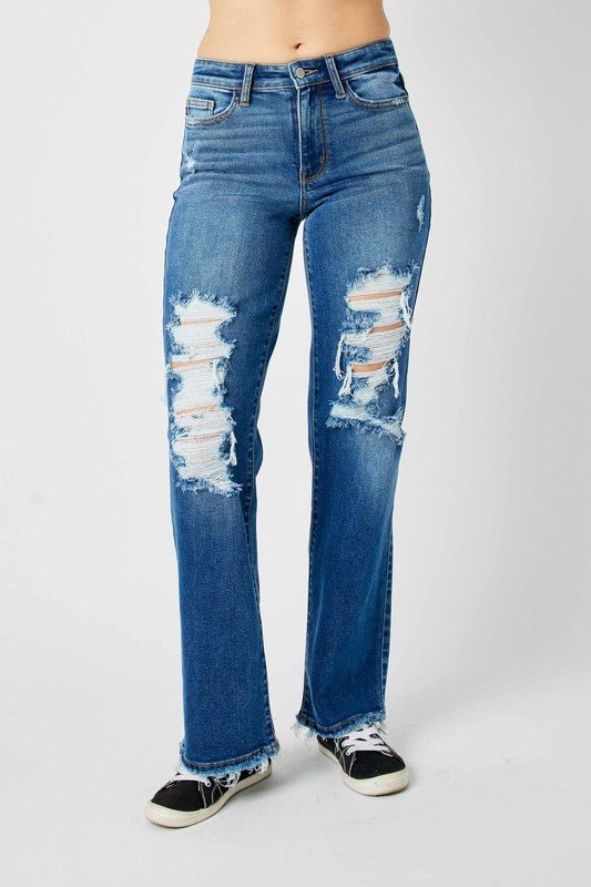 Judy Blue Full Size Mid Rise Distressed Raw Hem Jeans - Rochelle's House LLC