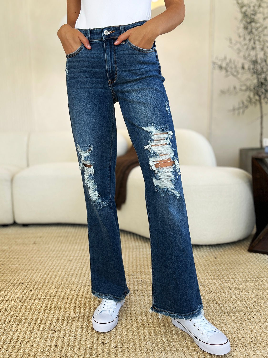 Judy Blue Full Size Mid Rise Distressed Raw Hem Jeans - Rochelle's House LLC