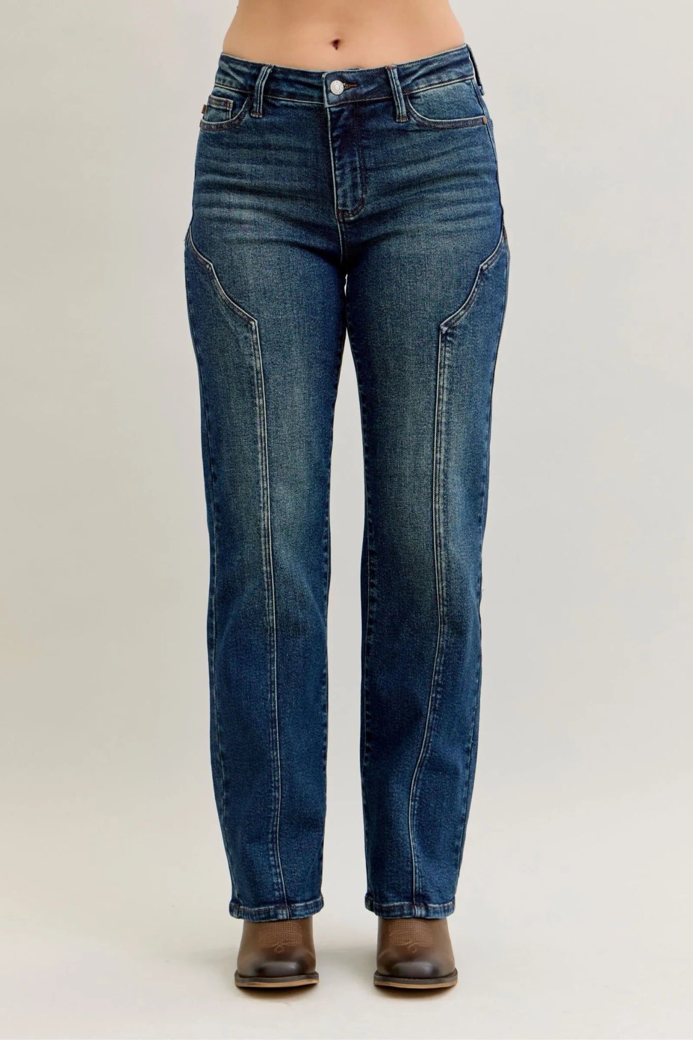 Front view of Judy Blue Full Size Seam Detail Straight Leg Jeans Plus Size in Dark showing neckline and sleeve details