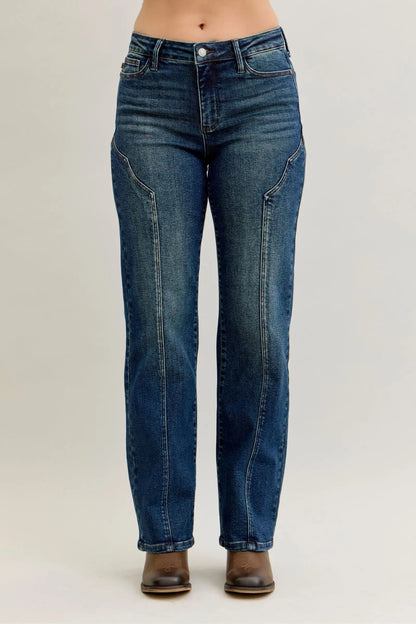Front view of Judy Blue Full Size Seam Detail Straight Leg Jeans Plus Size in Dark showing neckline and sleeve details