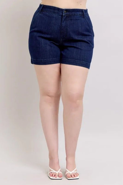 Front view of Judy Blue Plus Size High Waist Denim Shorts in DK showing neckline and sleeve details (52% Cotton)