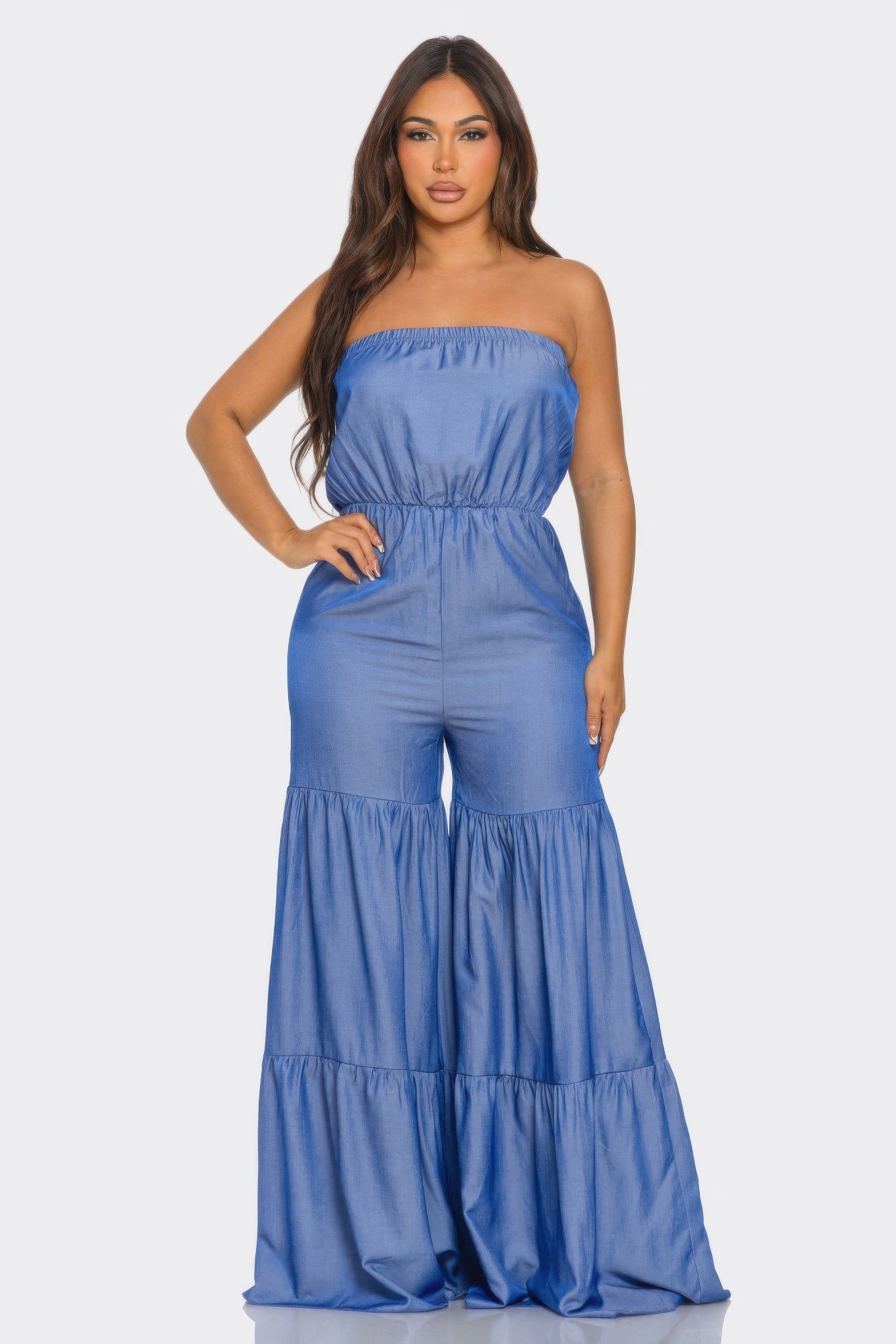 Front view of Jumpsuit Ruffle Hem showing neckline and sleeve details (70% viscose and)