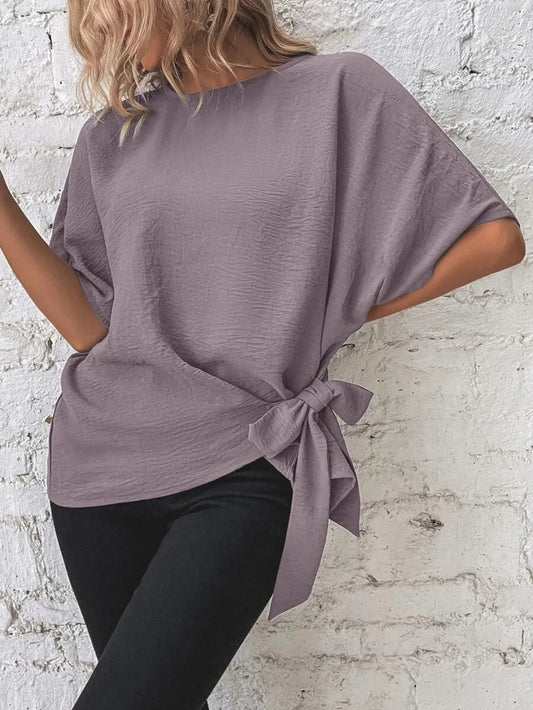 Front view of Knotted Round Neck Half Sleeve Blouse in Lilac showing neckline and sleeve details