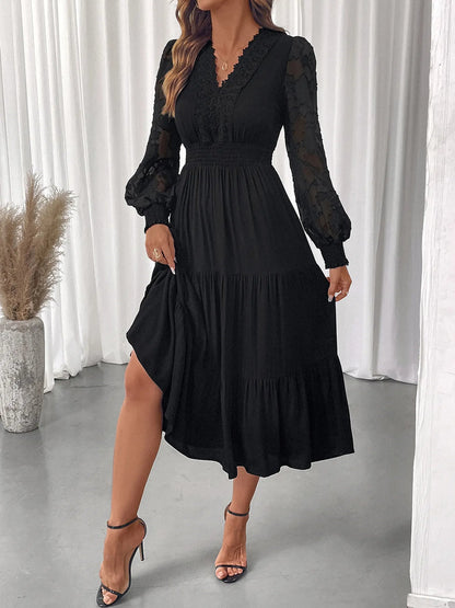 Front view of Lace Detail Lantern Sleeve Tiered Dress in Black showing neckline and sleeve details (lace)