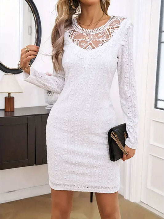 Front view of Lace Detail Round Neck Long Sleeve Mini Dress in White showing neckline and sleeve details