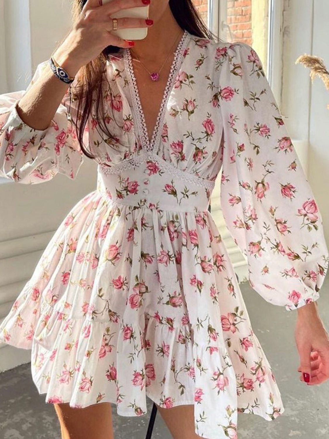 Front view of Lace Detail V-Neck Balloon Sleeve Dress in Blush Pink showing neckline and sleeve details