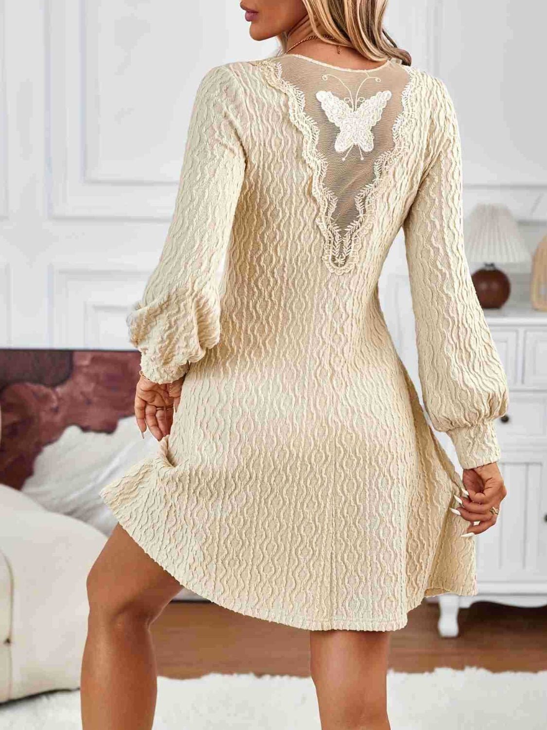 Front view of Lace Detail V-Neck Long Sleeve Dress in Beige showing neckline and sleeve details