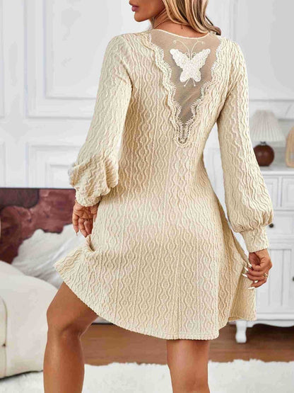 Front view of Lace Detail V-Neck Long Sleeve Dress in Beige showing neckline and sleeve details