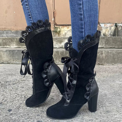 Lace Up Block Heels Boots - Rochelle's House LLC