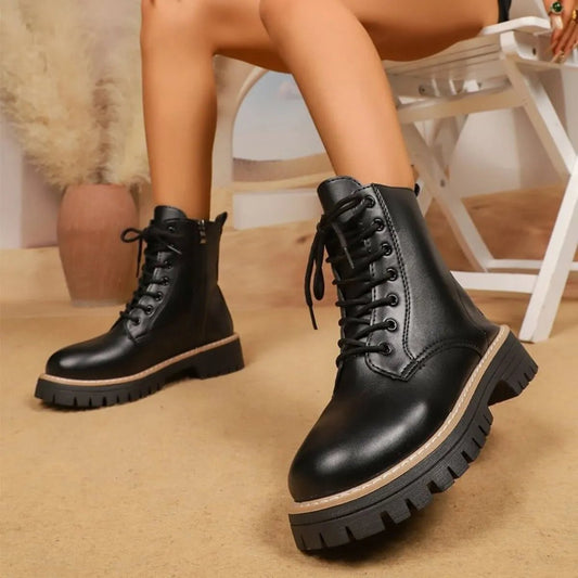Front view of Lace Up Leather Combat Boots with Chunky Sole in Black showing neckline and sleeve details (lace)