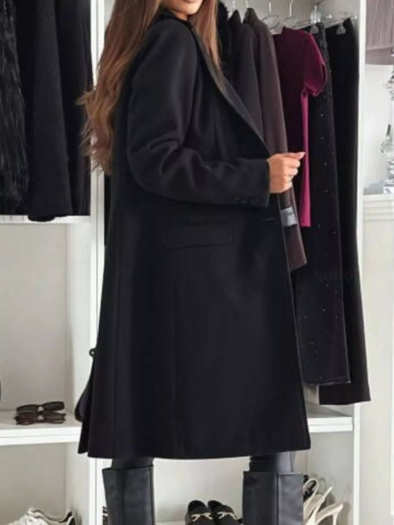 Lapel Collar Long Sleeve Coat - Rochelle's House LLC