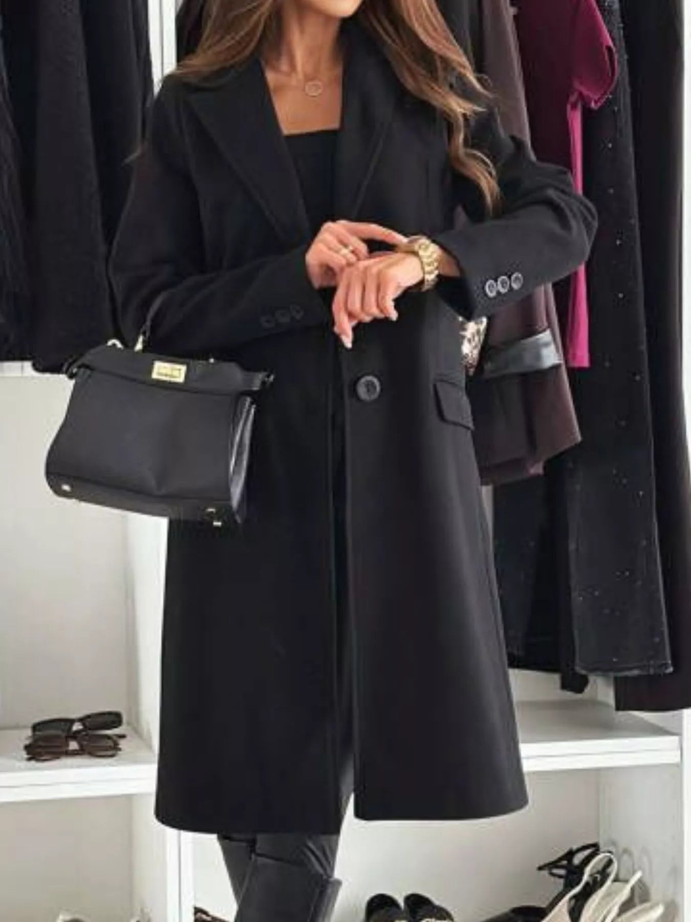 Lapel Collar Long Sleeve Coat - Rochelle's House LLC