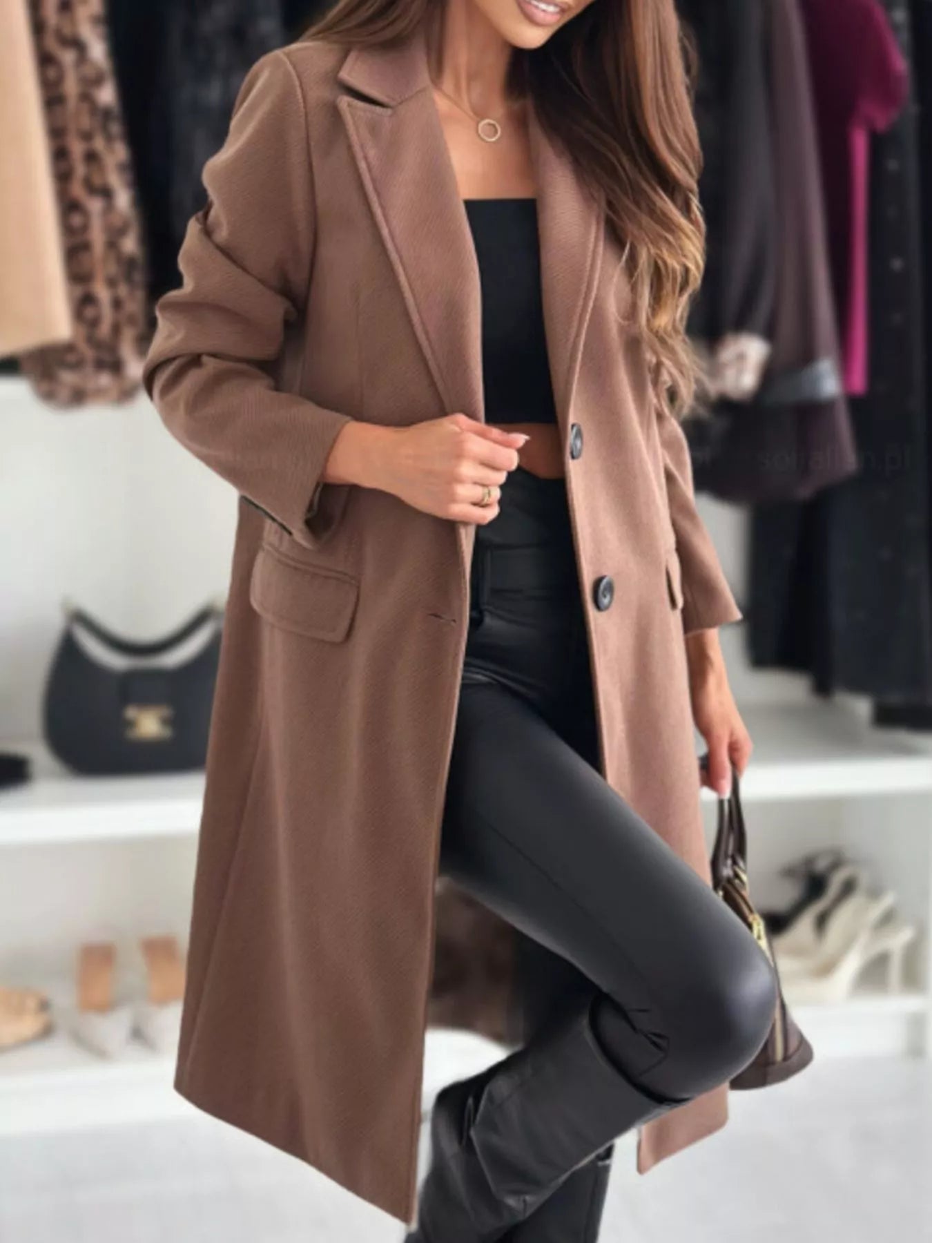 Lapel Collar Long Sleeve Coat - Rochelle's House LLC